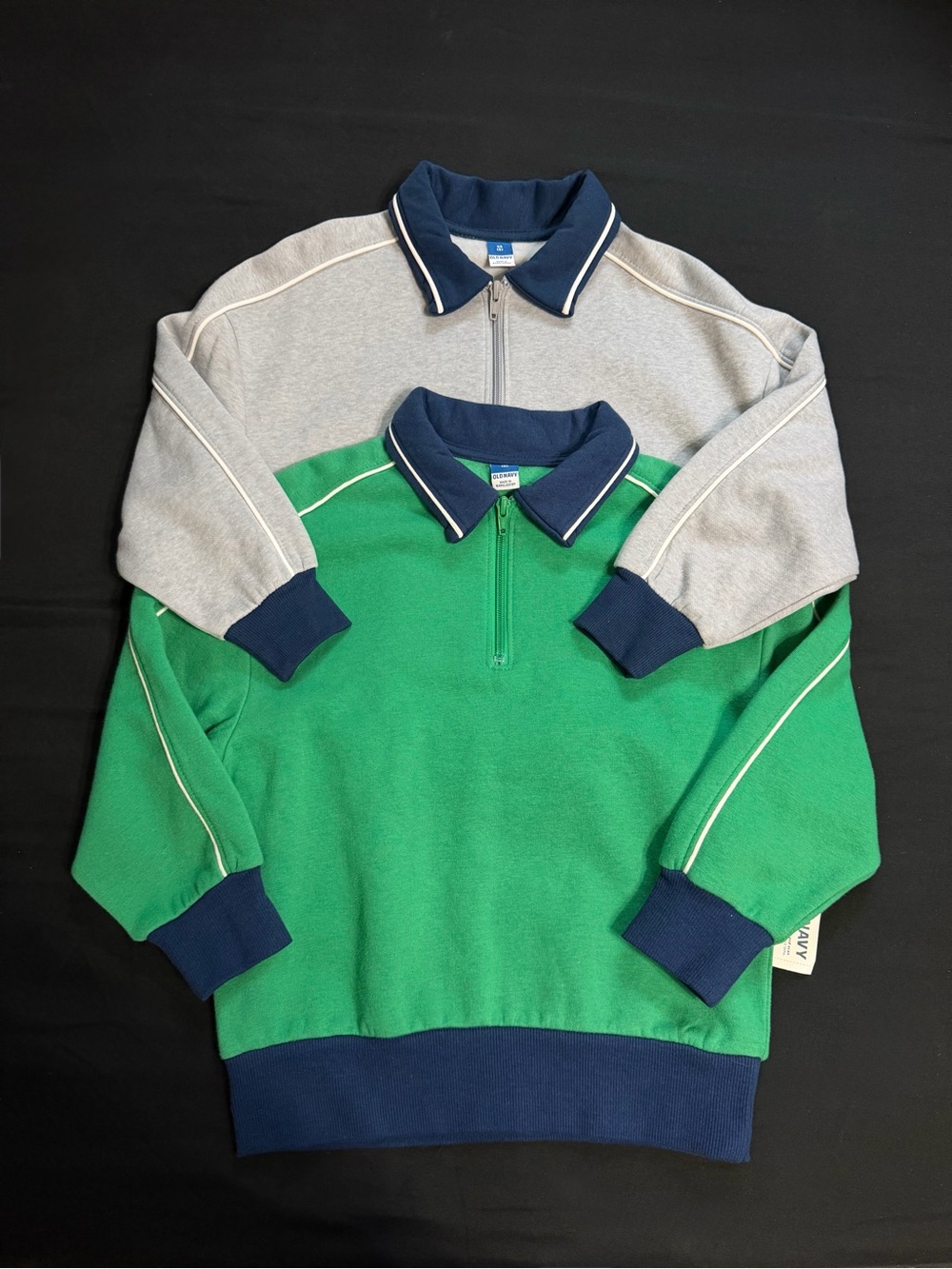 Retro Two-Tone Quarter Zip Sweatshirts - Green & Gray with Navy Trim